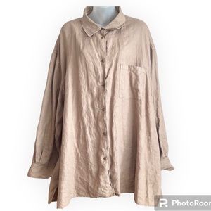 DKNY Pure - Oversized Long Sleeve Kahki 100% Linen Button Down Blouse SZ XXL EUC